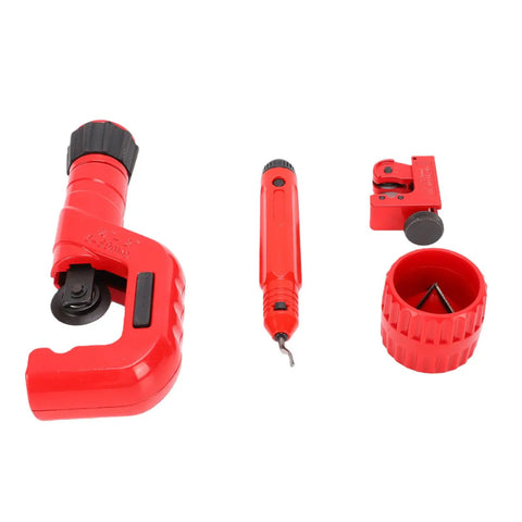 4-Piece Tubing Cutter Kit with ergonomic handles, featuring deburring tool and flexible range for copper, aluminum, stainless steel, PVC pipes.