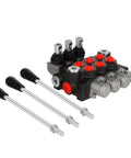 Three-spool hydraulic flow-control valve with joystick levers, metal block and red port plugs