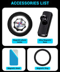 Heavy Duty Golf Cart Phone Mount With 360 Degree Rotation For Swing Analysis accessories list, includes magnetic holder and base