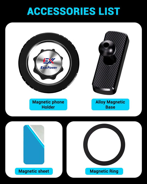 Heavy Duty Golf Cart Phone Mount With 360 Degree Rotation For Swing Analysis accessories list, includes magnetic holder and base