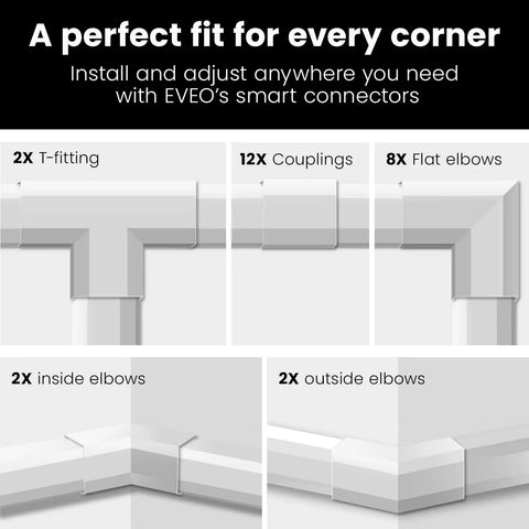 Image showing smart connectors of Massive 306 Inch Cable Hider Kit For Wall Cords And TV Setup, including T-fittings and elbows.