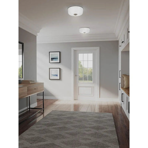 Alexa Collection Two-Light Flush Mount Ceiling Light 12.25 Inches Dope Modern Satin Nickel Finish installed in hallway