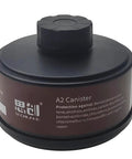 Close-up of Organic Vapors Canister For 40mm Gas Masks RD40 Compatible Respirator Filter, brown and black, text visible on label.