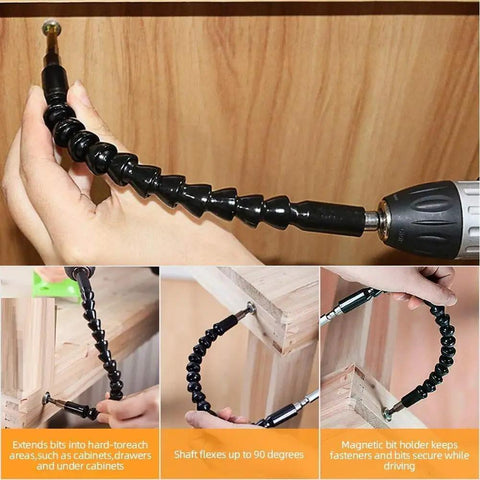 Flexible Drill Bit Extender And Universal Socket Wrench Set With 105 Degree Right Angle Attachment in use on wooden furniture