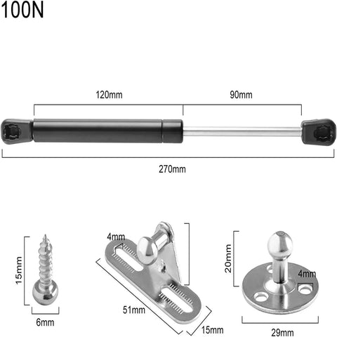 Gas strut pair, 100N/22.5lb, 10in length, black cylinder with silver rod, includes mounting hardware