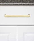 Modern Square Cabinet Pull Handle With Golden Champagne Finish, 5.39-Inch Length installed on white drawer