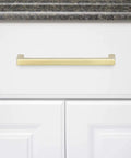 Sleek Satin Nickel Square Cabinet Pull Handle 5.39 Inch Length 5 Inch Center 1.10 Inch Projection 10 Pack on white cabinet