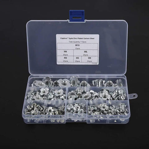 Four Claw T Nut Set With Galvanized Stainless Steel Rivet Nuts M3 M4 M5 M6 M8 M10, 110-Piece Kit in storage box.