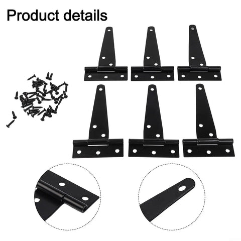 Six black T strap hinges with screws for barn doors, 180-degree swing, rustproof iron gate hardware, set of six built tough for outdoors