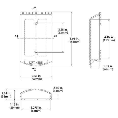 Diagram showing dimensions of Hinged Clear Polycarbonate Protective Cover For Single-Gang Boxes With Built-In Mounting Plate.