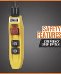 Bannon Compact Electric Cable Hoist 1100 Lb Capacity 95ft Lift emergency stop switch in yellow color for safe operation.