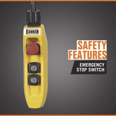 Bannon Compact Electric Cable Hoist 1100 Lb Capacity 95ft Lift emergency stop switch in yellow color for safe operation.