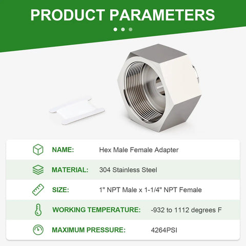 No Sweat 304 Stainless Steel Hex Reducer Adapter For Heavy Duty Plumbing 1-1/4 Inch Npt Female To 1 Inch Npt Male Threaded Fitting with specifications