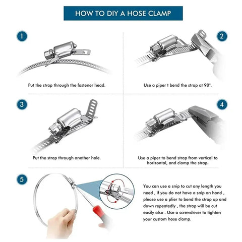 Grab This Awesome Worm Gear Hose Clamp Kit With 304 Stainless Steel Straps That Offer A Tight Positive Grip For Any Pipe Ducting Job Without Slipping Or Stretching Under Pressure So You Can Fix It Fast. DIY hose clamp kit with 304 stainless strap and cutter steps