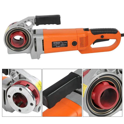 Consfly Portable Electric Pipe Threader Machine With Six Dies 2300W Copper Core Motor Tool for galvanized iron pipes, close-up view.
