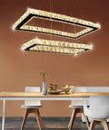 Two Ring Crystal Chandelier LED Ceiling Light In Stainless Steel over dining room table, modern warm white pendant fixture