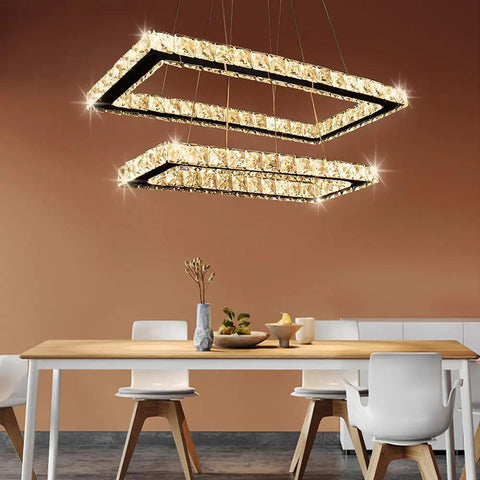 Two Ring Crystal Chandelier LED Ceiling Light In Stainless Steel over dining room table, modern warm white pendant fixture