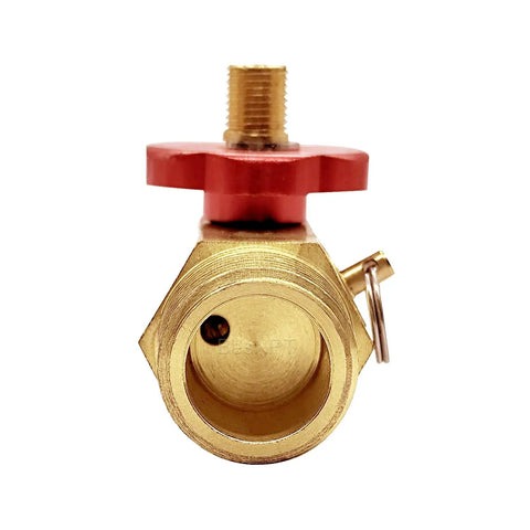 Badass Brass Air Tank Manifold Featuring One Half Inch Mnpt Fill Port And Quarter Inch Fnpt Hose Adapters Built Like A Tank With Stainless Steel Rust Shield And Smooth Aluminum Flow Control Knobs For Daily Garage Grinds, featuring red handle and brass body.