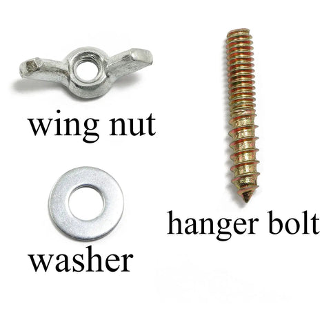 Image of wing nut, washer, and hanger bolt from Eight Pack Galvanized Hanger Bolts With Wing Nuts And Flat Washers Set.