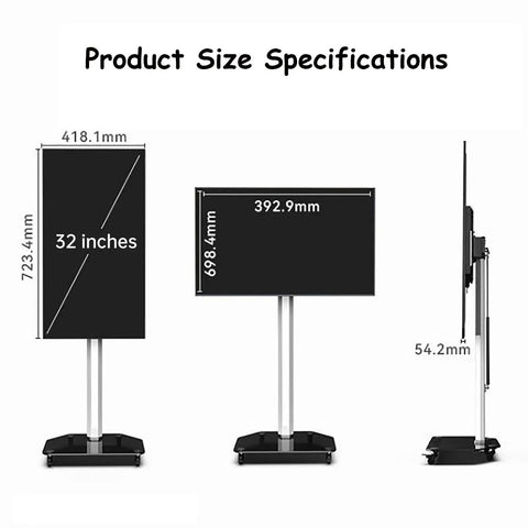 Product size specifications for Premium 4K Interactive Led Digital Signage Display 32 inch with dimensions shown.