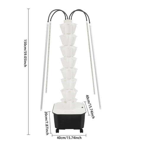 Front view of 40 Pod Smart Indoor Hydroponic Garden Tower with Full Spectrum LED Grow Light and Recirculating Water System
