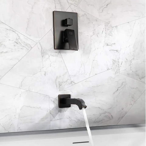 Shower Faucet With Tub Spout In Oil Rubbed Bronze Wall Mounted Rainfall Shower Head And Handle Set Tub And Shower Trim Kit With Rough In Valve For A Durable Modern Bathroom Shower System showing water flow from tub spout