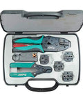 Coax Cable Crimping Kit With 5 Dies And Rotary Stripper, Crimp Frame, Multi Size Tool Set in open case, Durable Taiwan Build