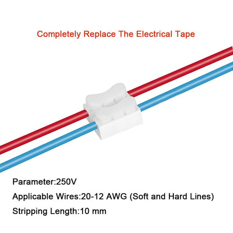 Close-up of a quick spring terminal block connector with red and blue electrical wires, part of a 68Pcs Premium Spring Wire Connectors Kit For LED Strip Lights And Electrical Wiring, 0.5-2.5mm2 22-14 AWG, White, Durable Insulated Wire Joiners DIY Friendly.