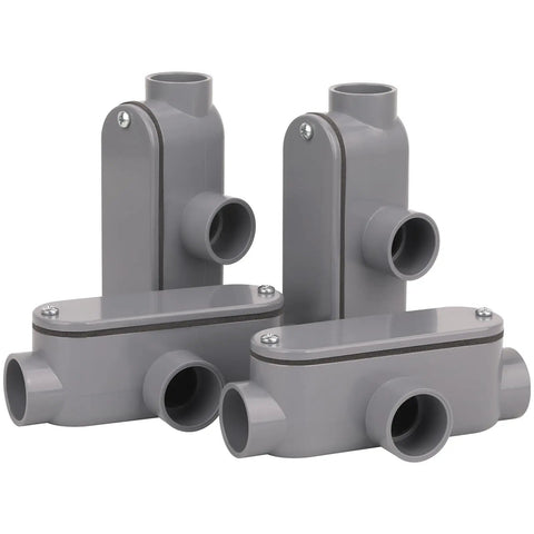 Four Pack Three Quarters Inch Rigid PVC Conduit Body Type T Slip X Slip With Cover And Gasket Gray Tough As Nails