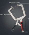 Heavy Duty 15 Inch C Clamp Locking Pliers With 360 Degree Swivel Pads And Six Inch Deep Throat For Woodworking Welding And Pocket Hole Joinery 2 Piece Set, showing measurement details.