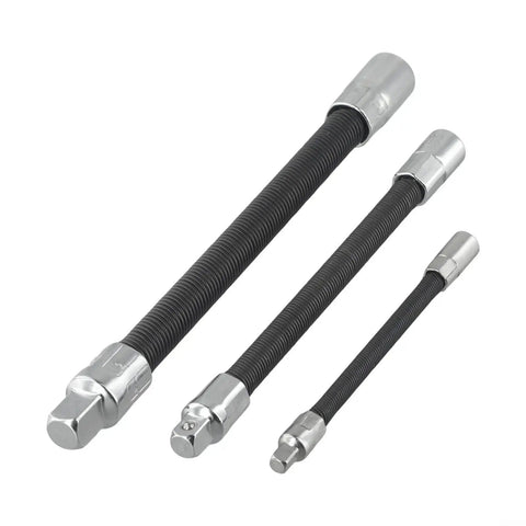 Flexible Socket Extension Bar Set, 3 Piece Long Reach Ratchet Adapter With 360 Swivel Shaft For Tight Spots, in chrome finish