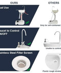 Comparison of Super Heavy Duty Portable Foot Pump Wash Station With Smooth Rollin Base features like dual use and stainless steel filter.
