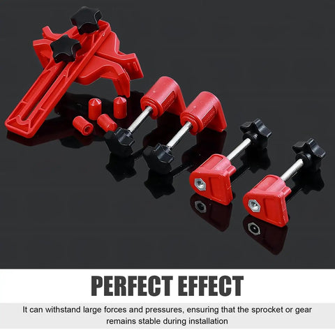 Badass Cam Engine Timing Tool Set With Nine Piece Anti Slip Sprocket Gear Lock Kit For Dead On Camshaft Alignment And Easy Auto Maintenance Universal Fit Red Color, showing red plastic gear locks and clamps.