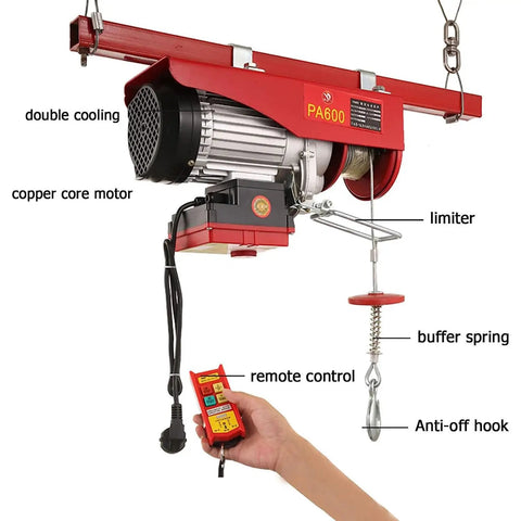 Heavy Duty Electric Hoist Winch With Remote Chain Cable Rig showing copper core motor, remote control, and anti-fall hook.