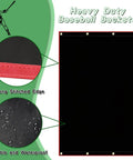 Heavy Duty Baseball Backstop showing close-up of vinyl tarp, red stitched edge, and waterproof surface with copper grommets