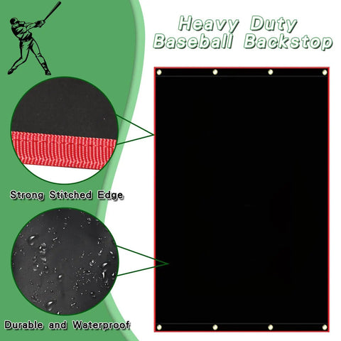 Heavy Duty Baseball Backstop showing close-up of vinyl tarp, red stitched edge, and waterproof surface with copper grommets