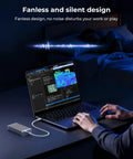 Zero Bottleneck M2 Nvme Enclosure With Slick Aluminum Double Sided Heatsink For Blazing 40Gbps Speeds Compatible With Mac Computers And Windows Featuring One Tb External Drive connected to laptop for silent use.