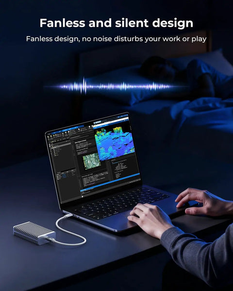 Zero Bottleneck M2 Nvme Enclosure With Slick Aluminum Double Sided Heatsink For Blazing 40Gbps Speeds Compatible With Mac Computers And Windows Featuring One Tb External Drive connected to laptop for silent use.