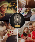 Christmas scenes featuring a Jesus Cross Night Light USB Powered Cozy Bedside Lamp for Home Decor with a warm yellow glow