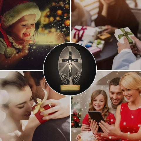 Christmas scenes featuring a Jesus Cross Night Light USB Powered Cozy Bedside Lamp for Home Decor with a warm yellow glow