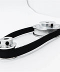 90 Tooth HTD Timing Pulley In Heavy Duty Aluminum Alloy With Precision Gears for Slip Free Belt Drive with timing belt attached.