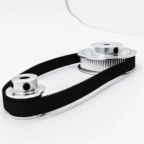 90 Tooth HTD Timing Pulley In Heavy Duty Aluminum Alloy With Precision Gears for Slip Free Belt Drive with timing belt attached.