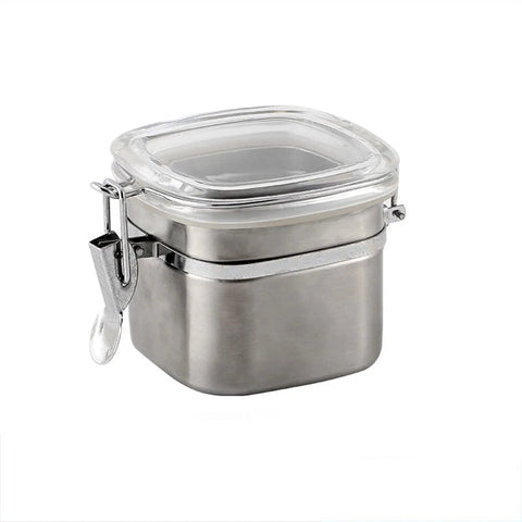 Solid Heavy Duty Stainless Steel Coffee Canister With Tight Snap Buckle And Wide Mouth Design, square jar with clear lid for storage.