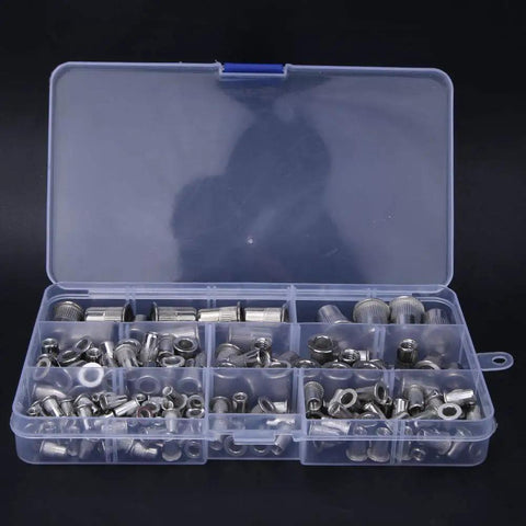 165 Pcs Rivet Nut Kit Stainless Steel 304 Pull Rivet Nuts For Auto, Metalworking, And DIY Repairs Heavy Duty High Load Capacity Surface Friendly Easy Install, Pro Grade Versatile Set For Projects. in plastic storage case