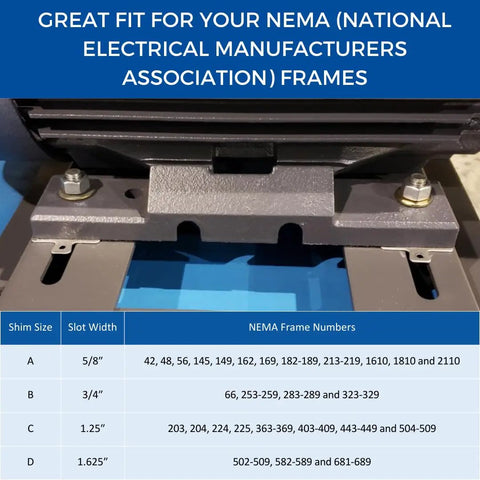 Top Shelf Stainless Steel Slotted Shims 3X3 Inch Square Replacement Pack Precision Layout Gauge showing NEMA frame compatibility.