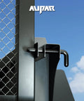 Heavy Duty Steel Trailer Gate Spring Latch Repair Kit 819T Anti Rust Black installed on a metal gate against blue sky.