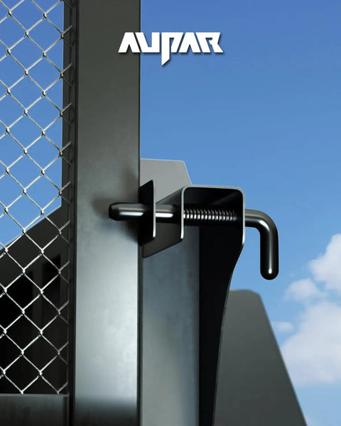 Heavy Duty Steel Trailer Gate Spring Latch Repair Kit 819T Anti Rust Black installed on a metal gate against blue sky.
