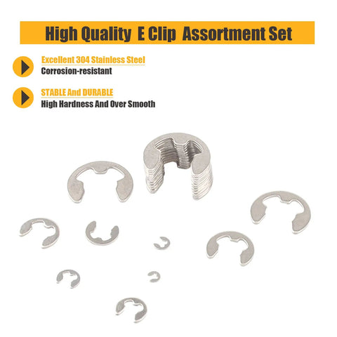 E Clips Assortment Kit Pro Grade 425Pcs 304 Stainless Steel Snap Rings shown in various sizes and stack view