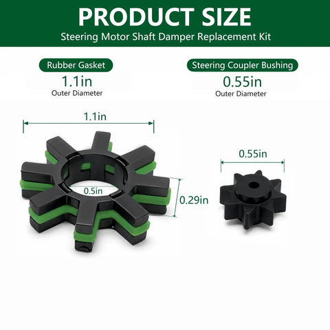 Two Piece Electric Power Steering Shaft Coupler With Integrated Motor Damper Bushing Kit sizes, rubber gasket 1.1in, coupler bushing 0.55in.