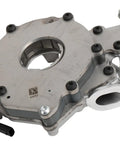 GM Genuine Parts Oil Pump 12686433 Replacement For Chevrolet Buick GMC Cadillac Cars And Light Trucks Keeps Oil Pressure On Point And Beefs Up Engine Longevity, metal component with bolts and openings, close-up angle